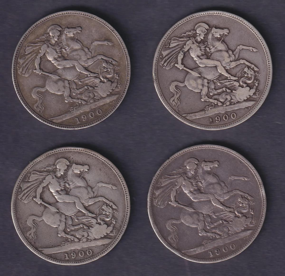 Group Of Four UK Queen Victoria 1900 Old Head Edge Year LXIII Silver Crowns Circulated