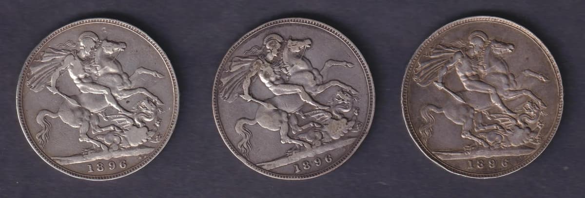 Group Of Three UK Queen Victoria 1896 Old Head Edge Year LX Silver Crowns Circulated Dupli