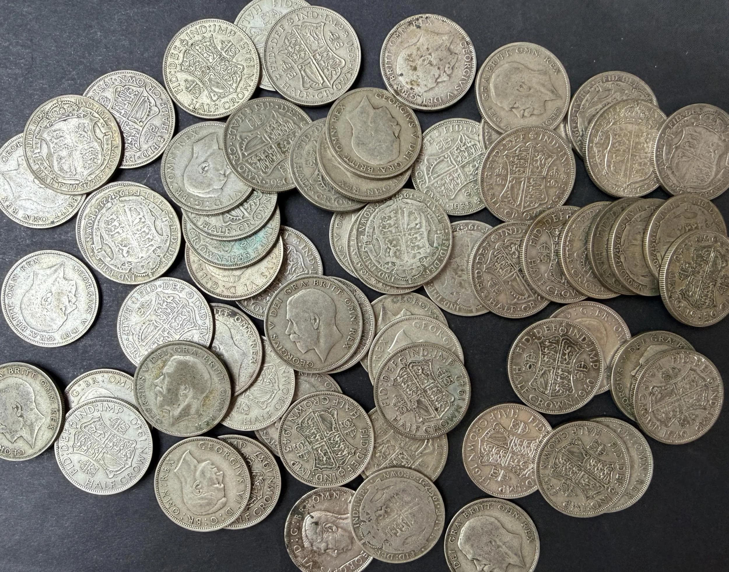Collection 887g UK Pre 1947 Silver Half Crowns 64 Coins 1920 1946 Circulated - Realised Price