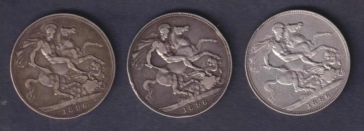 Group Of Three UK Queen Victoria 1896 Old Head Edge Year LX Silver Crowns Circulated
