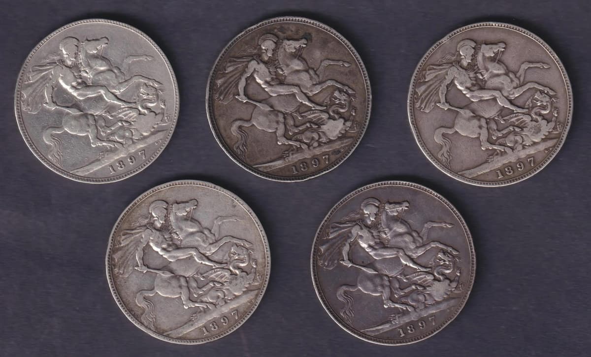 Group Of Six UK Queen Victoria 1898 Old Head Edge Year LXII Silver Crowns Circulated