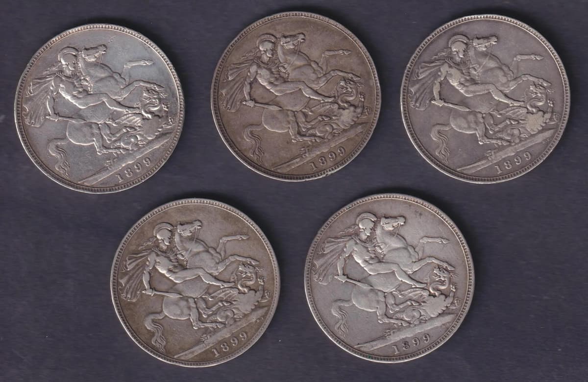 Group Of Five UK Queen Victoria 1899 Old Head Silver Crowns Edge LXII LXIII Circulated
